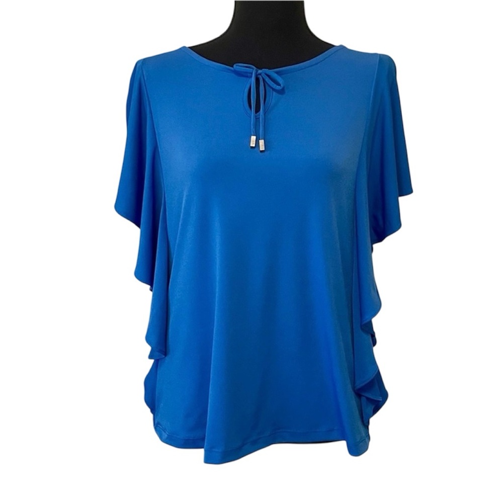 NWT Liz Claiborne Size Medium Flutter Sleeve Blouse Keyhole Tie Neck Strong Blue